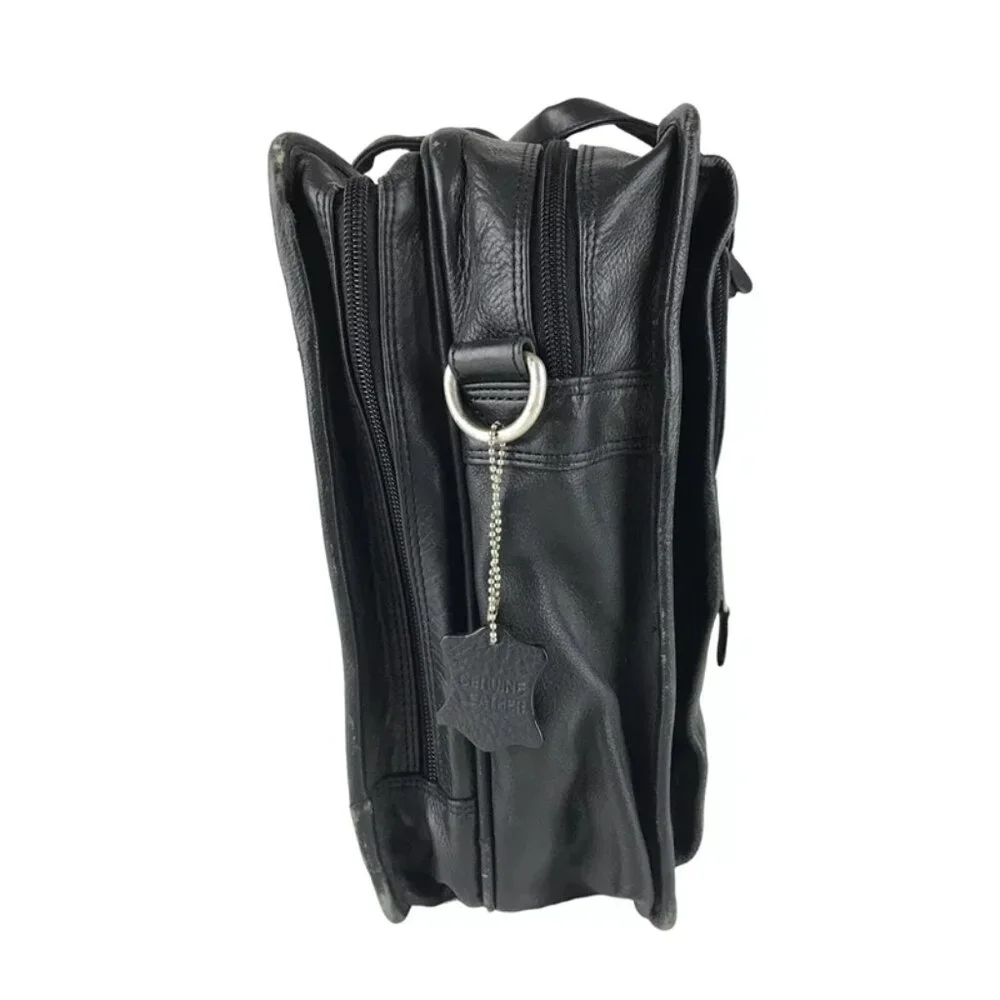 Ili Unisex Black Leather Inner Zip Pockets Top Handle Briefcase Document‎ Case